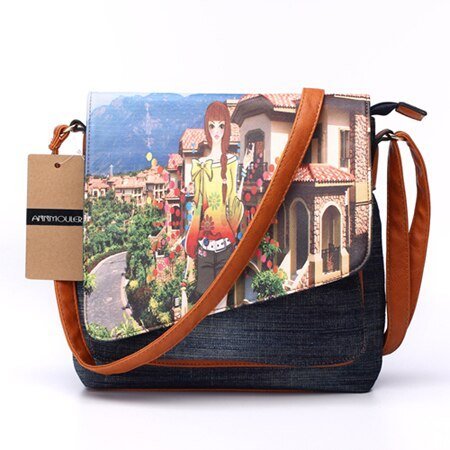 Bolso de hombro con paisaje Marrón (20cm<Max Length<30cm)