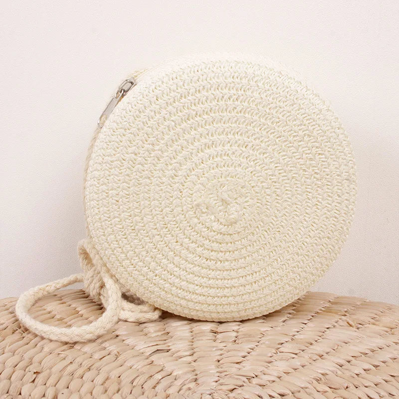 Bolso redondo de ratán Blanco Crema